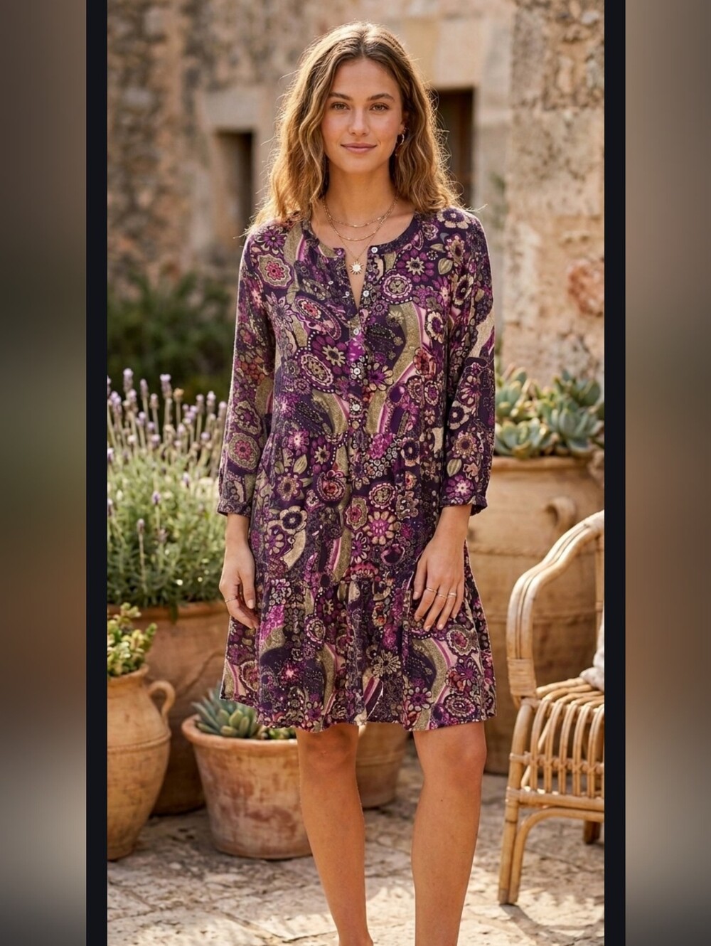 Natural Life Purple Paisley Floral Button Front Tiered Tunic Dress Small